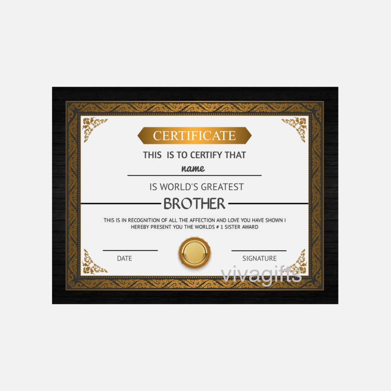 Greatest Brother Certificate - Gift For Borther - Raksha Bandhan Gift