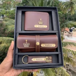 Leather Combo Of Wallet, Keychain And Eyewear Case - Combo Gift - Name Wallet - Fashionable Wallet - Gift For Him - Gift For Boy - Gift For Friend - Gift Hamper - Brown