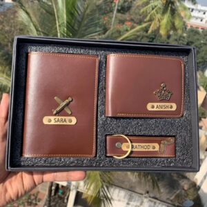Leather Combo Of Wallet, Passport Cover And Keychain - Birthday Combo - Name Wallet - Fashionable Wallet - Gift For Him - Gift For Boy - Gift For Friend - Brown