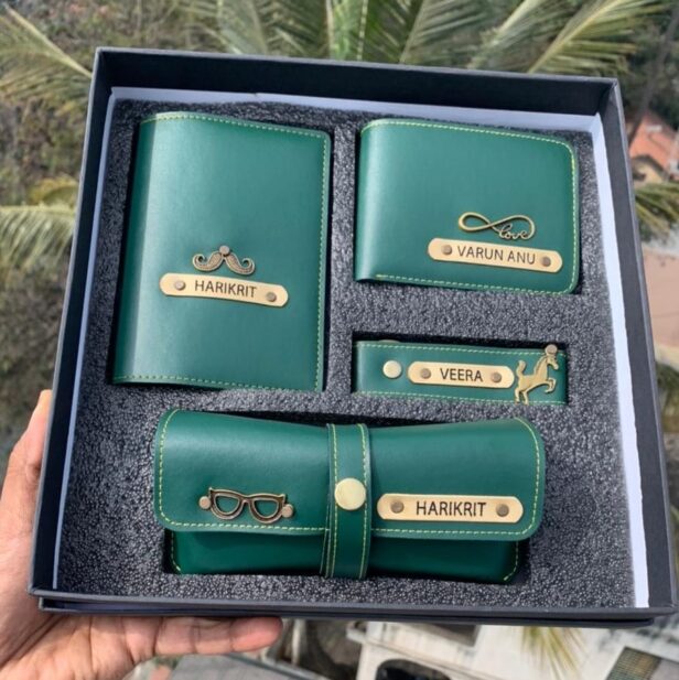 Leather Combo Of Wallet, Passport Cover, Eyewear Case And Keychain - Birthday Combo - Name Wallet - Fashionable Wallet - Gift For Him - Gift For Boy - Gift For Friend - Olive