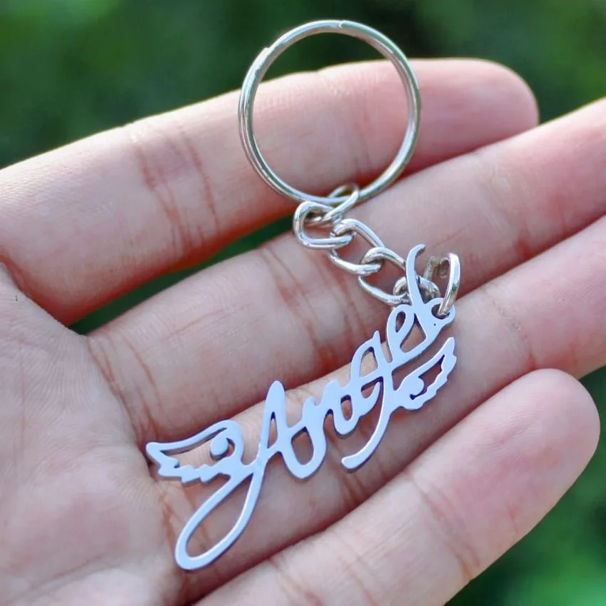 Personalized Lasercut Metal Keychain - Name With Wings - Name Keychain