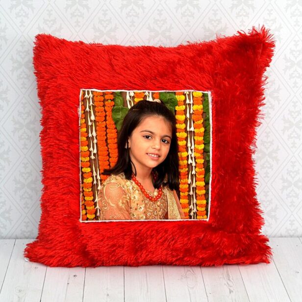 Personalized Red Fur Cushion - Photo Cushion - Wedding Gifts - Room Decor - Photo Pillow