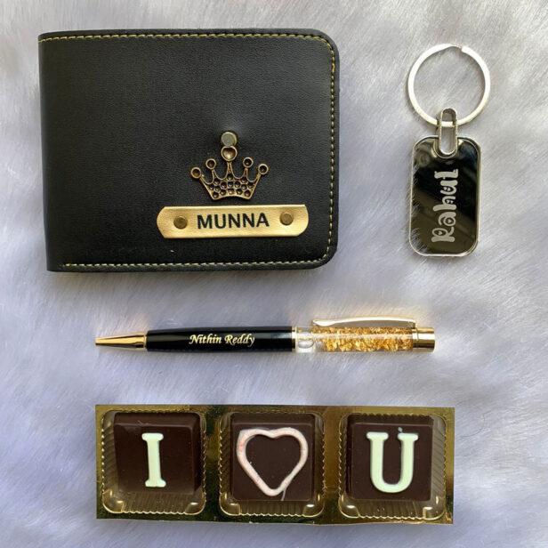 Valentines Day Gifts For Him - Customized Pen, Metal Keychain, Wallet And Chocolates - Valentine's Day Gifts