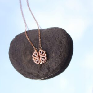Heart Four Leaf Clover Style Sterling Silver Necklace - Magnetic Heart Necklace - Rosegold - Gift For Girls - Gift For Wife