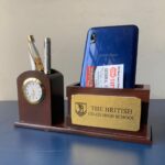 Personalised Wooden Pen Stand Mobile Holder With Clock
