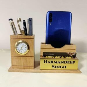 Wooden Pen Stand Mobile Holder With Clock - Personalized Corporate Gifts