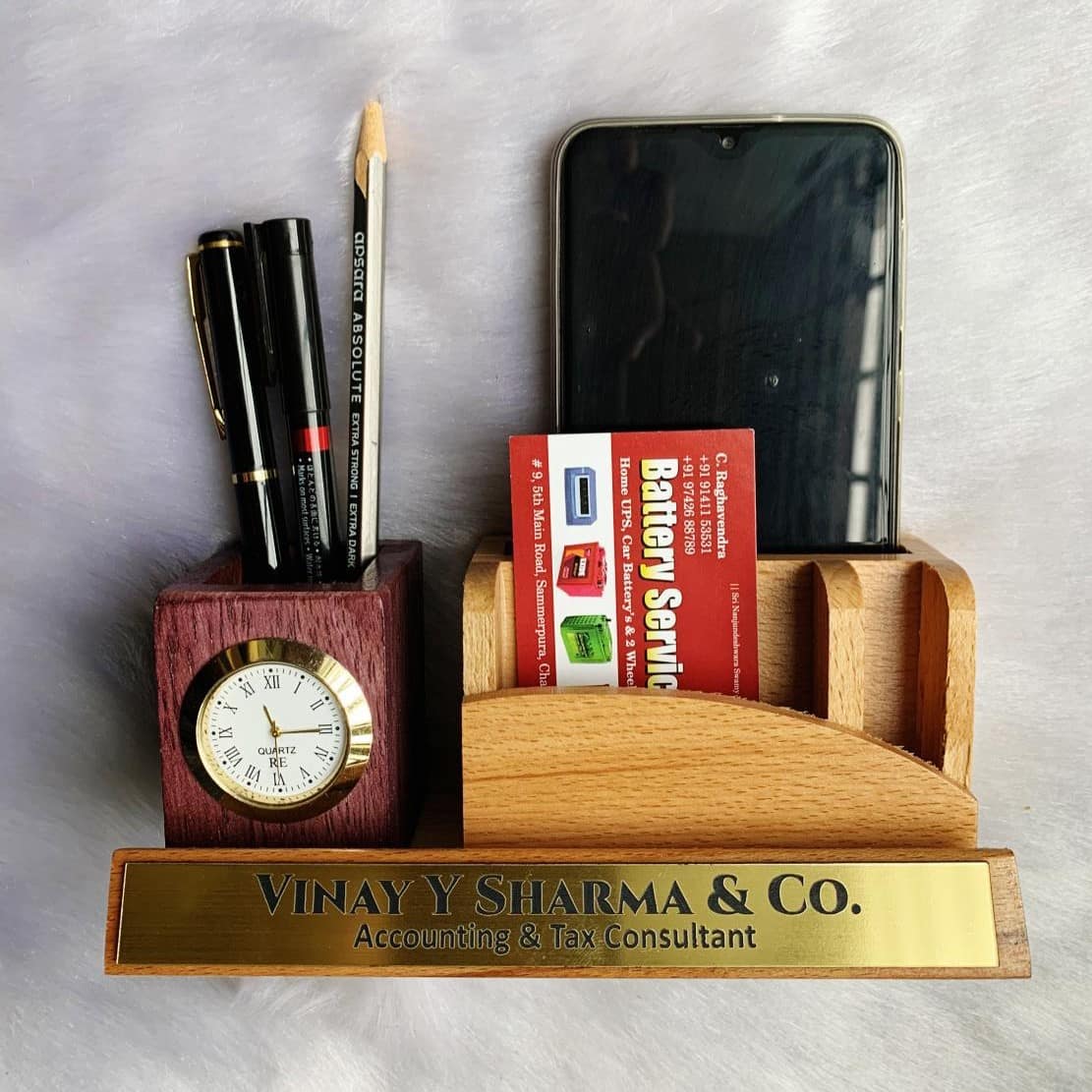 Wooden Pen Stand With Clock And Mobile Holder 1