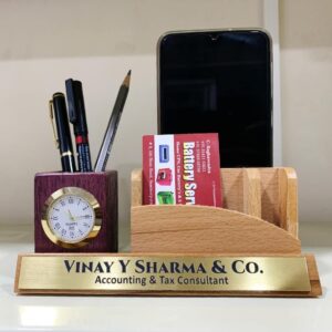 Wooden Pen Stand With Clock And Mobile Holder - Corporate Gifts - Office Pen Stand - Office Name Plate
