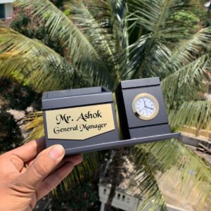 Personalized Wooden Pen Stand With Clock For Office - Corporate Gifts - Office Pen Stand - Office Name Plate