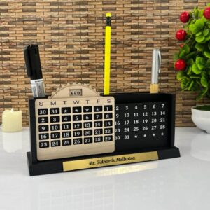 Personalized Wooden Pen Stand With Lifetime Calendar - Corporate Gifts - Office Pen Stand - Office Name Plate