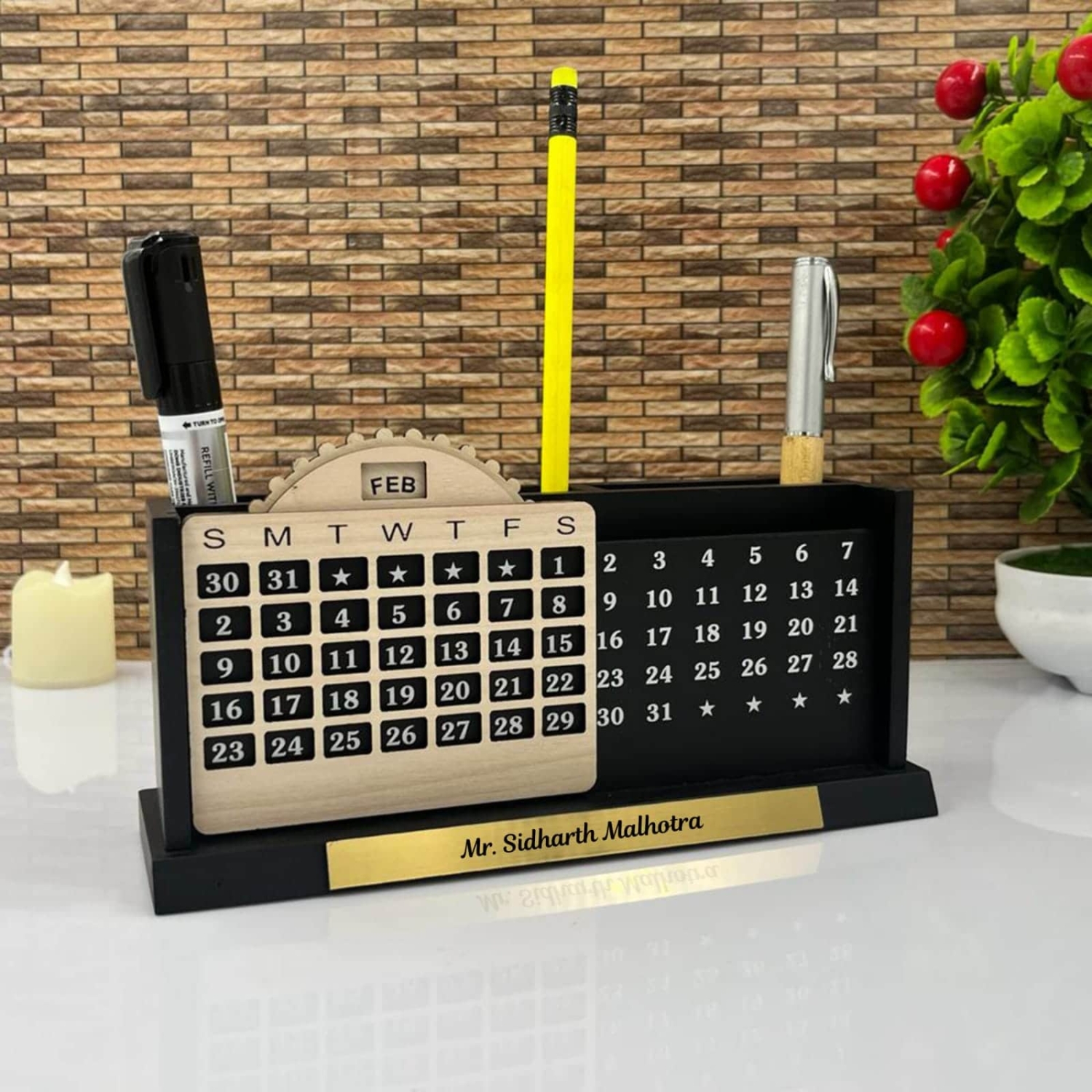 Personalized Wooden Pen Stand With Lifetime Calendar - Corporate Gifts - Office Pen Stand - Office Name Plate Personalized Wooden Pen Stand With Lifetime Calendar - Corporate Gifts - Office Pen Stand - Office Name Plate