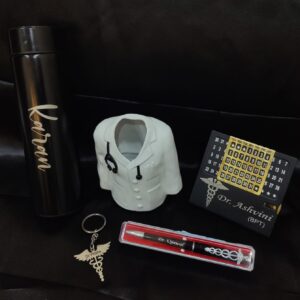 Gift Hamper For Doctors - Corporate Gifts - Personalized Gifts For Doctors - Personalized Caduceus Keychain & Pen, Dr Coat Pen Stand, Infinite Calendar, Temperature Bottle