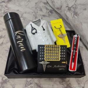 Gift Hamper For Doctors - Corporate Gifts - Personalized Gifts For Doctors - Personalized Caduceus Keychain & Pen, Dr Coat Pen Stand, Infinite Calendar, Temperature Bottle