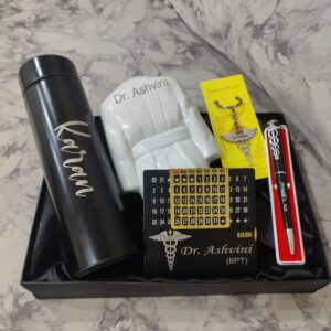 Gift Hamper For Doctors - Corporate Gifts - Personalized Gifts For Doctors - Personalized Caduceus Keychain & Pen, Dr Coat Pen Stand, Infinite Calendar, Temperature Bottle