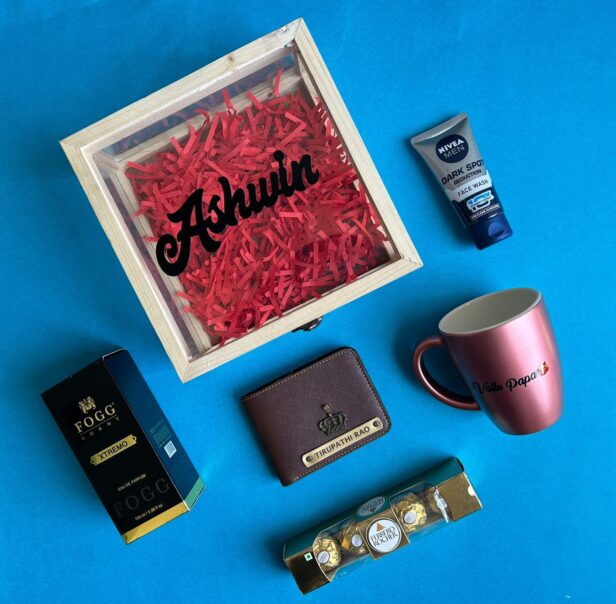 Give a lovely touch to your gifting by sending this amazing combo to your love on his birthday. It has a Wooden acrylic box, Name on box, Saffiona men wallet, Bistro Mug, Fogg Perfume, a set of 4 Ferraro chocolate and Nivea Facewash.