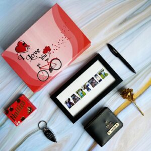 You can gift it as a heartfelt gift to your husband on Anniversary to make things more precious. It has a Beautiful Combo Includes a I Love You box, Men wallet 1.0, Black vector Pen, Drive Safe Led Keychain, Name Frame 4x8 inches, Nutties and Gold rose.