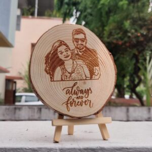 Beautiful Round shaped wooden sketch photo stand/table top, with Happy Anniversary And Always On My Mind, Forever In My Heart Written On It