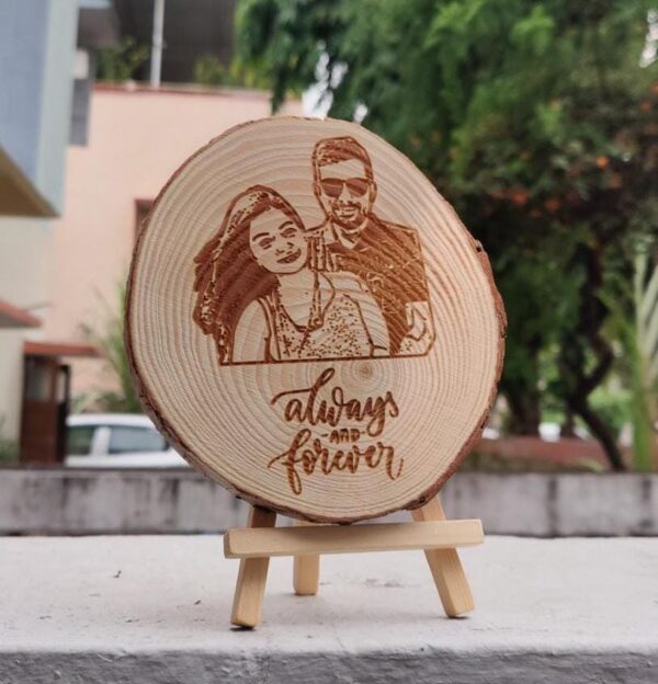 Beautiful Round shaped wooden sketch photo stand/table top, with Happy Anniversary And Always On My Mind, Forever In My Heart Written On It