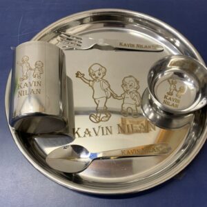 A customized stainless steel dinner set is a personalized collection of tableware made from high-quality stainless steel. Each piece in the set, including a 12 inches plate, a bowls, a glass, a fork and a spoon, can be customized with unique designs, engravings, or monograms according to your preferences.