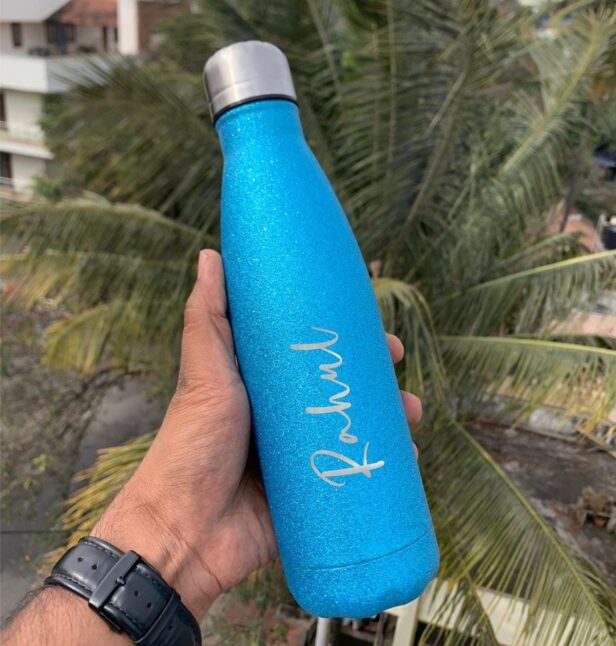 Personalized stainless Steel bottle with name 500 ml available in 2 different colors. Best for gifting and personal use. This bottle is fully customizable any name or any text can be added.
