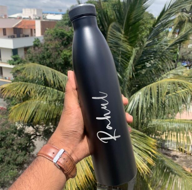 Personalized Steel bottle with name 750 ml available in many different colors. Best for gifting and personal use. This bottle is fully customizable any name or any text can be added. It's flask technology keeps water hot or cold for up-to 4-6 Hours.