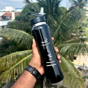 Personalized Steel bottle with name 750 ml available in black colors. Best for gifting and personal use. This bottle is fully customizable any name or any text can be added. It's flask technology keeps water hot and cold for 4-6 Hours.