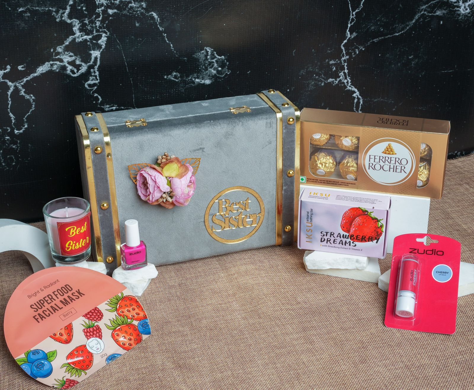 Luxurious Personalized Raksha Bandhan Trunk Hamper for Sister – Ferrero Rocher, Face Mask, Candle, and More Luxurious Personalized Raksha Bandhan Trunk Hamper for Sister - Ferrero Rocher, Face Mask, Candle, and More
