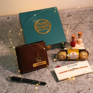 Luxurious Rakshabandhan Wooden Box Hamper - Silver Rakhi, Personalized Wallet, and More - Best Raksha Bandhan Gift For Brother