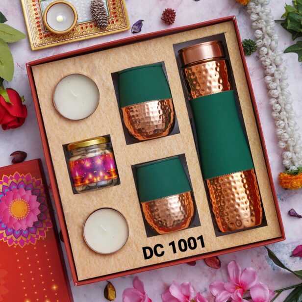 Diwali Gift Hamper - Copper Bottle And Glass - Dry Fruit Diwali Hamper