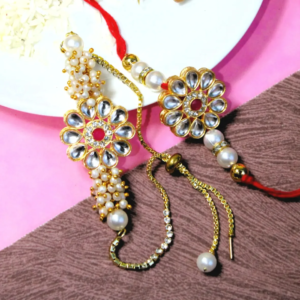 Kundan Stone and Pearls Bhaiya Bhabhi Rakhi Set – Bracelet Style Bhabhi Rakhi – Traditional Rakhi for Siblings – Raksha Bandhan Gifts