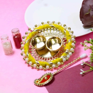 Roli Chawal Platter for Raksha Bandhan – Traditional Puja Thali – Includes Small Roli Chawal Bottles
