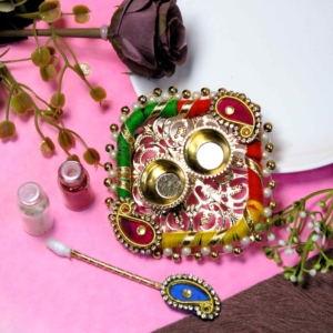 Handcrafted Roli Chawal Platter – Traditional Raksha Bandhan Puja Thali – Includes Stick and Small Roli Chawal Bottles