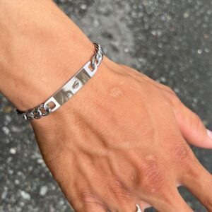 Custom-Engraved Silver Human Eye Bracelet made from stainless steel with a personalized design and 6-month color warranty.