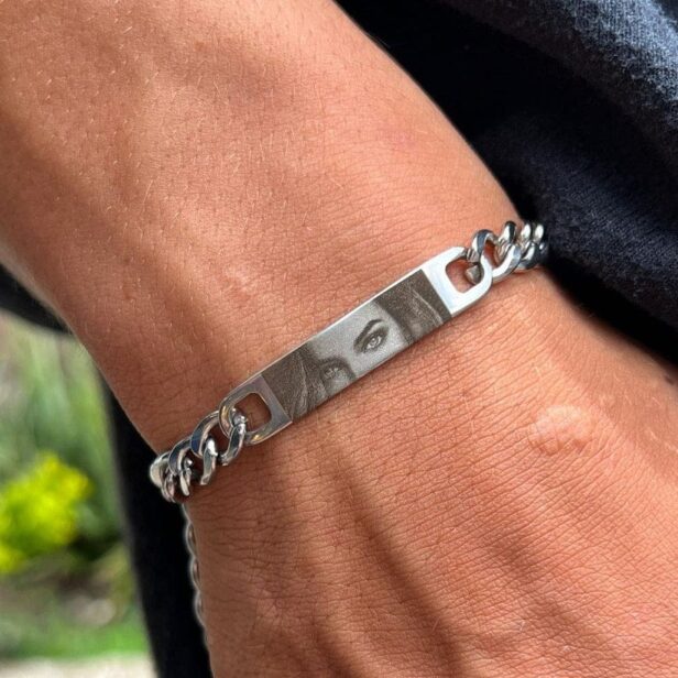 Custom-Engraved Silver Human Eye Bracelet made from stainless steel with a personalized design and 6-month color warranty.