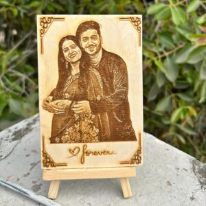 Personalized engraved wooden couple photo frame with stand, ideal wedding gift, custom 4x6 photo frame made from natural wood.