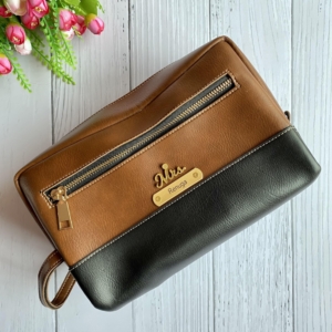 Personalized Two Tone Faux Leather Pouch - Custom Name & Charm - Unisex Utility Bag - Valentine's Day Gift