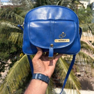 Personalized Blue Faux Leather Duffle Sling Bag - Custom Charm & Name - Valentine's Day Gift for Her