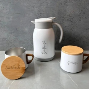 Personalized Thermos Jug & Mug Set with Wooden Lid  - Premium Kettle & Mug Set - Perfect For Gifting