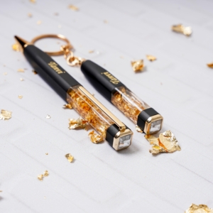 Luxury Crystal Pen with Matching Keychain Set - Gold Flake Cubic Pen Keychain Set - Perfect For Gifting - Customized Pen And Keychain Set