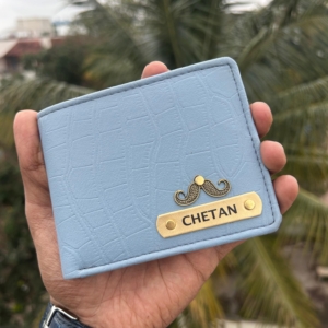 Personalized Men's Wallet - Valentine's Day Gift for Him - Custom Engraved Leather Wallet with Name & Charm - Tan & Sky Blue