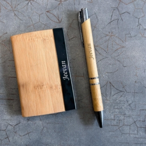 Personalized Bamboo Card Holder & Pen Set - Custom Engraved Eco-Friendly Combo - Perfect Valentine's Day Gift