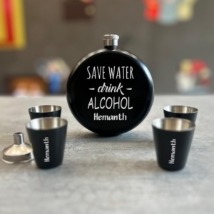 Personalized Hip Flask Gift Set for Valentine's Day - Custom Engraved Stainless Steel Flask with Shot Glasses & Funnel - Matte Black