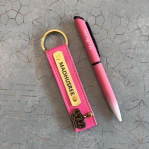 Personalized Pen & Keychain Gift Set - Custom Name Engraved Combo (Pink/Olive) - Valentine's Day Gift