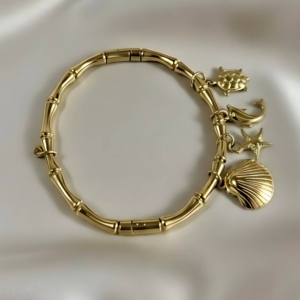 Gold Bamboo Link Charm Bracelet with Ocean Charms
