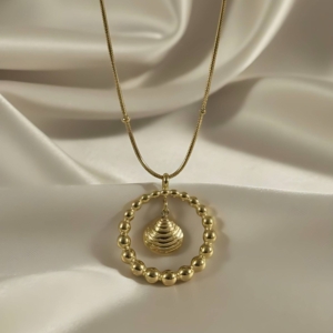 Gold Beaded Circle Pendant Necklace with Seashell Charm