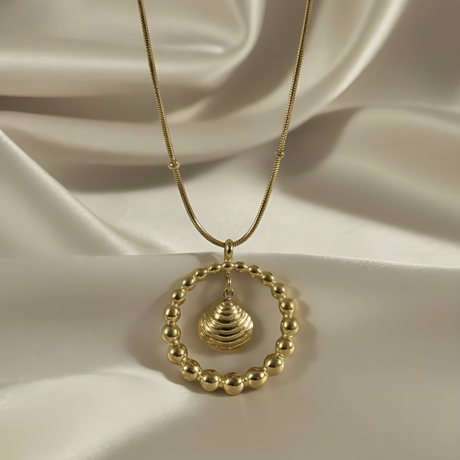 Gold Beaded Circle Pendant Necklace with Seashell Charm