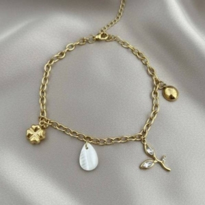 Gold Link Charm Bracelet with Leaf, Clover, and Mother-Of-Pearl Drops