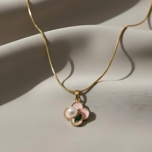 Gold Pink Enamel Clover Pendant Necklace With Pearl Accent