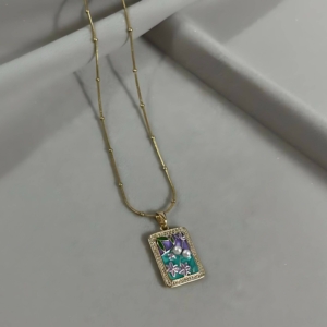 Gold Rectangle Pendant Necklace with Enamel Floral Art - Dainty Statement Jewellery