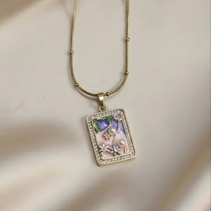 Gold Rectangle Pendant Necklace with Hand-Painted Enamel Flowers and Pave Border